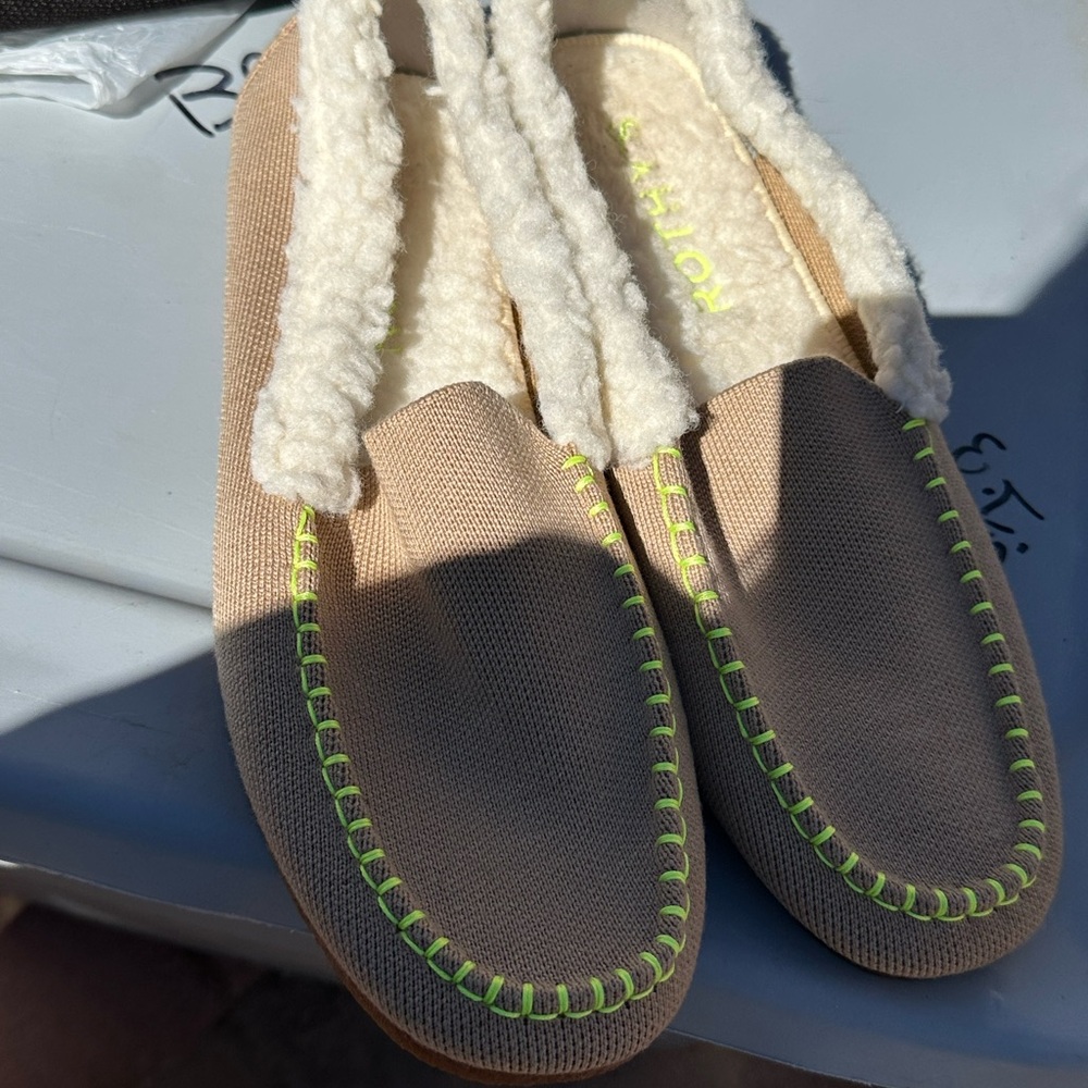 Rothy's Beige Slippers with Neon Green Accents